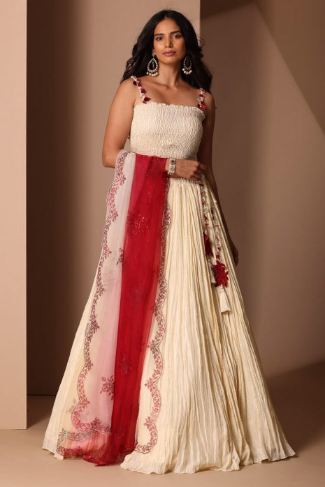Anjora  Off White Habutai Silk Crinkled Lehenga Set