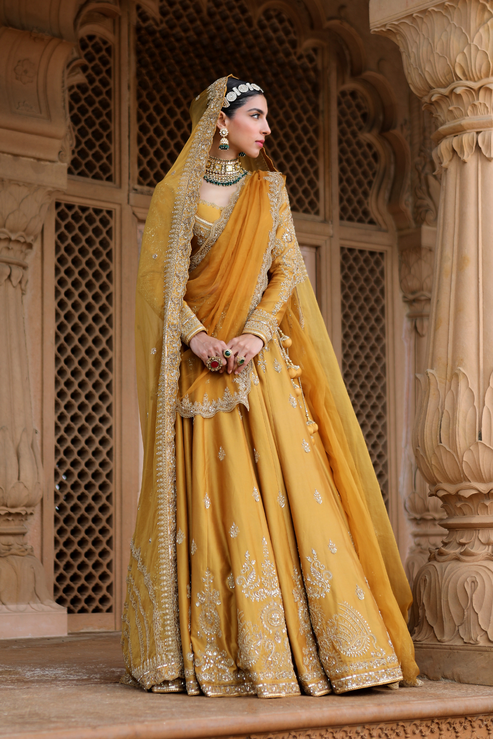 Antara Mustard Chanderi and Organza Lehenga Set with Gold Dori & Aari Embroidered Organza Dupatta