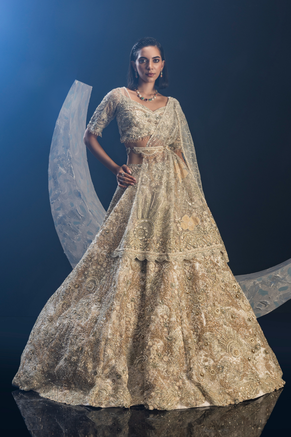 Antique White Net and Dupion Silk Swirl Embroidery Lehenga