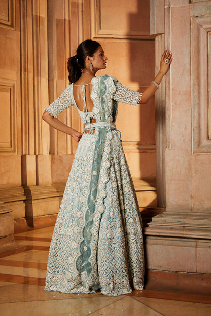 Aqua Ombré Tulle Lehenga Choli Dupatta Set