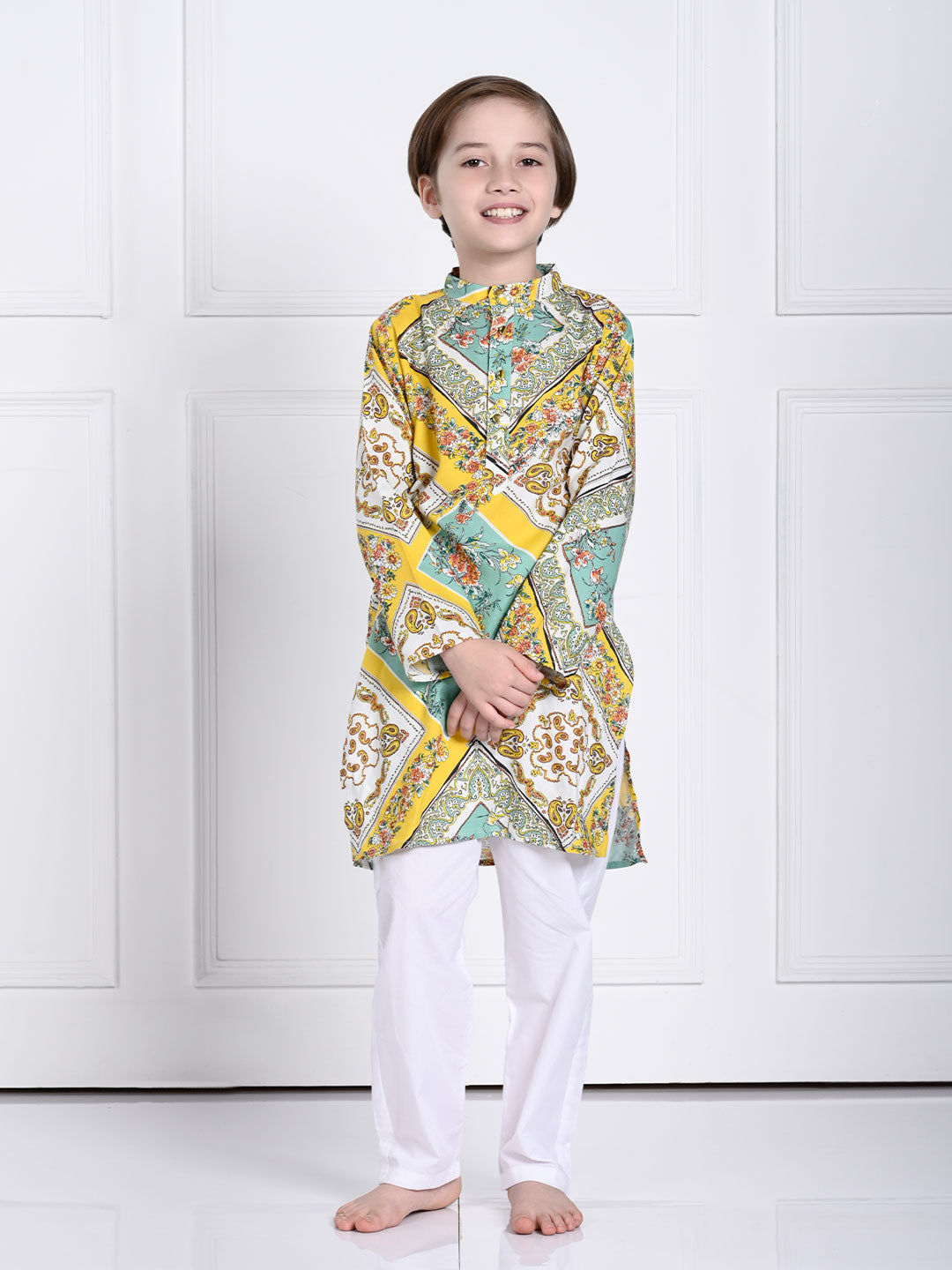 Riaan - Yellow And Green Kurta Pajama Set