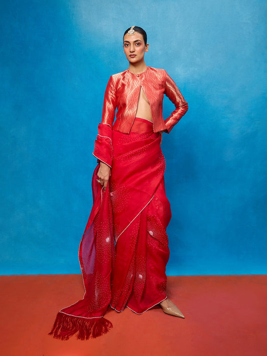 Handwoven Red Kora Banarasi Saree