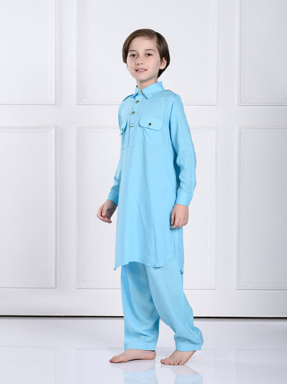 Ziaan - Light Blue Pathani Kurta Pajama Set