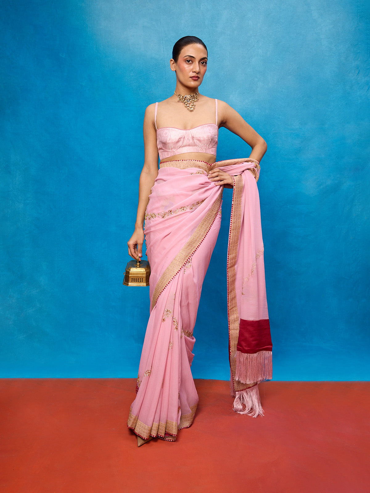 Handwoven Pink Chiffon Banarasi Saree