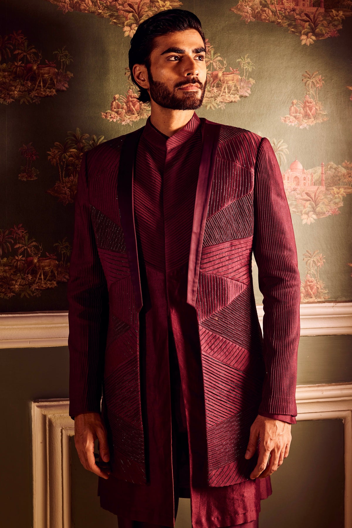 Maroon Chanderi Pintuck Cutdana Open Indowestern