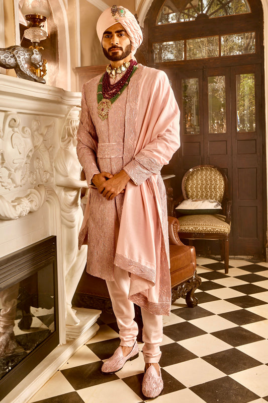 Crepe Pink Raw Silk Embroidered Sherwani