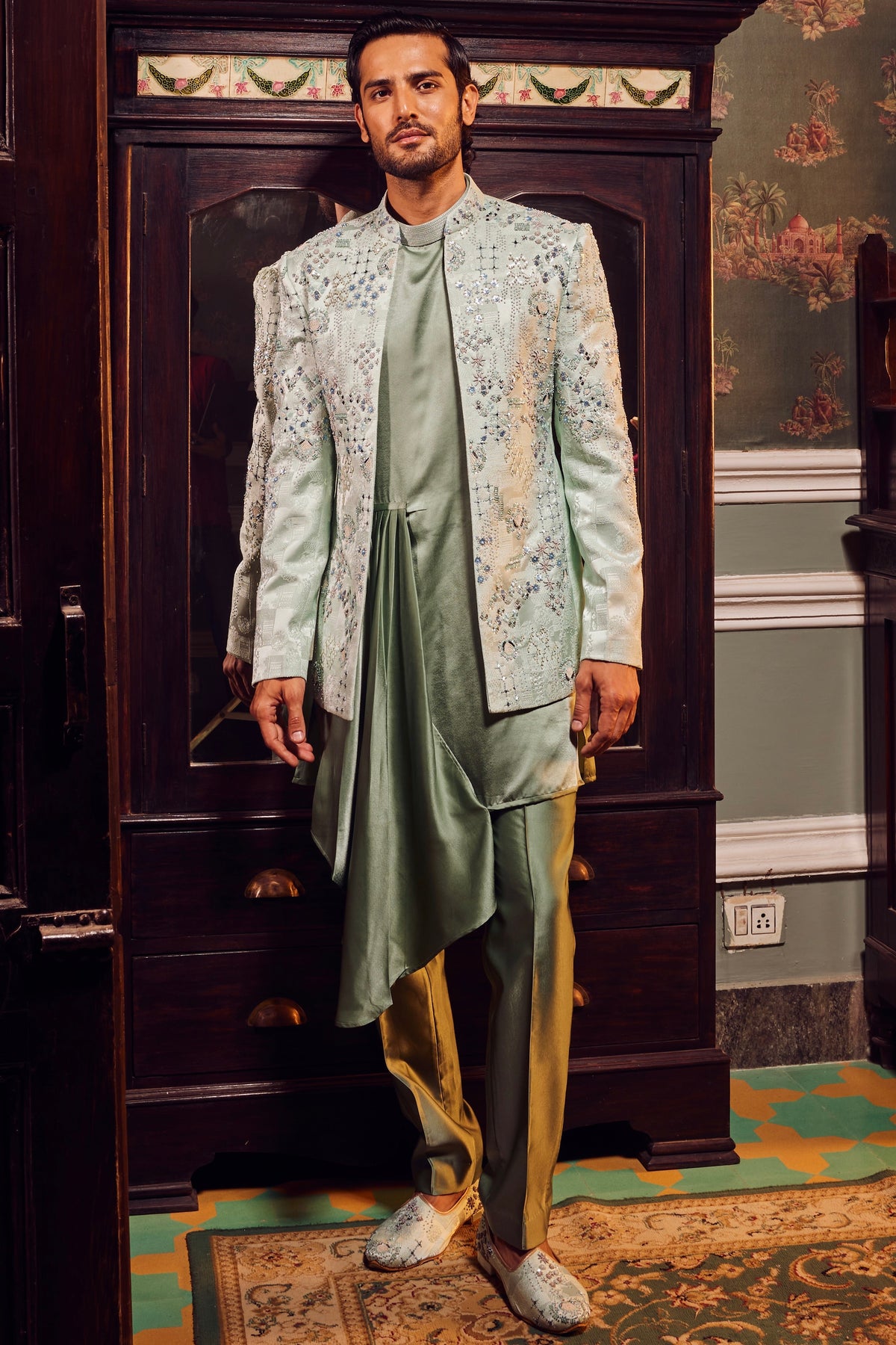 Sage Open Jacquard Embroidered Bandhgala Set