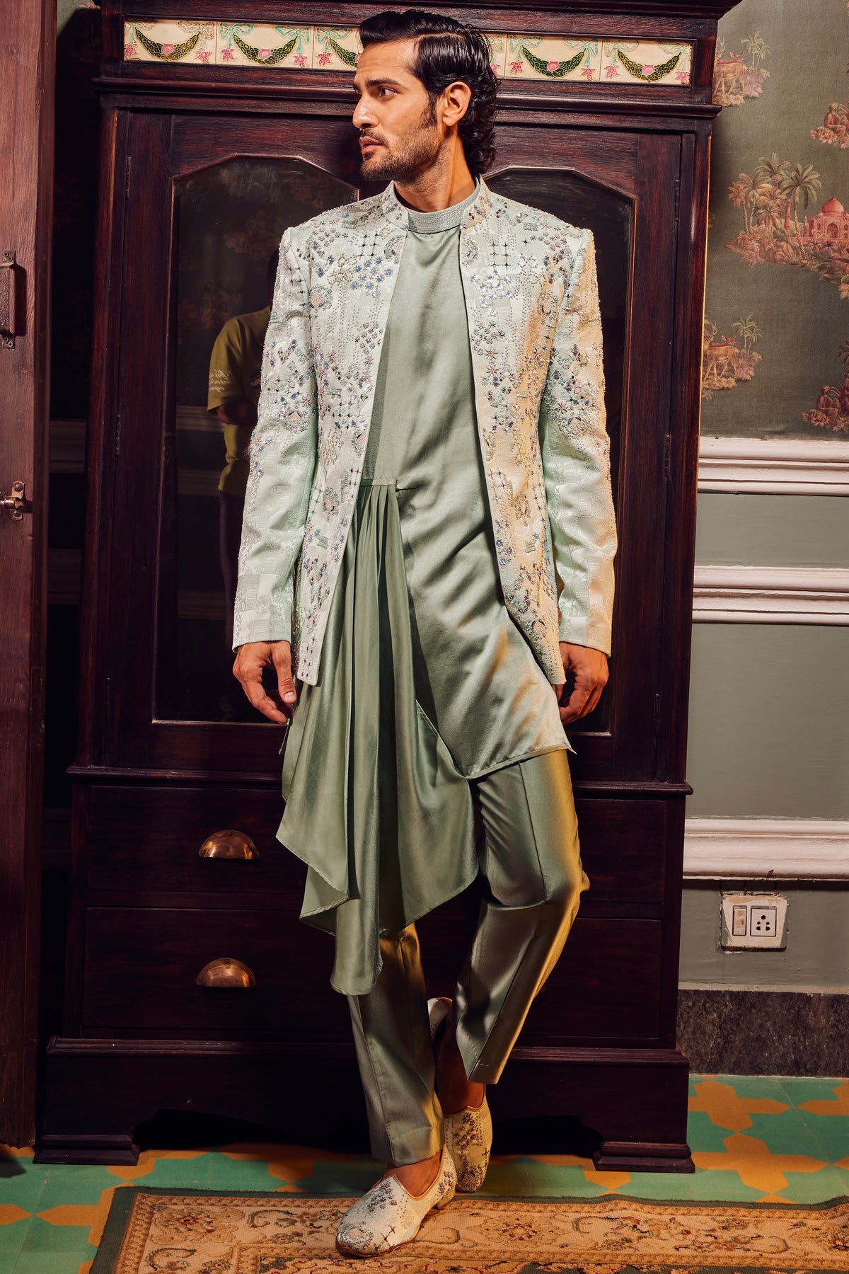 Sage Open Jacquard Embroidered Bandhgala Set
