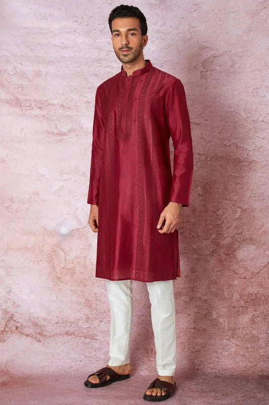 Timeless Maroon: Chanderi Silk Kurta with Resham Embroidery, Tone on Tone Panel - Asuka Couture