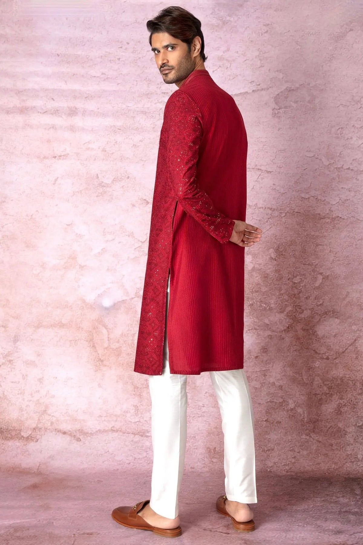 Red Radiance: Chanderi Silk Kurta with Resham and Sequins, Cross Stitch Embroidery - Asuka Couture