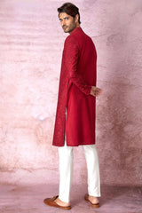 Red Radiance: Chanderi Silk Kurta with Resham and Sequins, Cross Stitch Embroidery - Asuka Couture