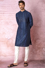 Indigo Charm: Indigo Blue Chanderi Silk Kurta with Resham and Sequins in Panel Embroidery Floral Geometric - Asuka Couture