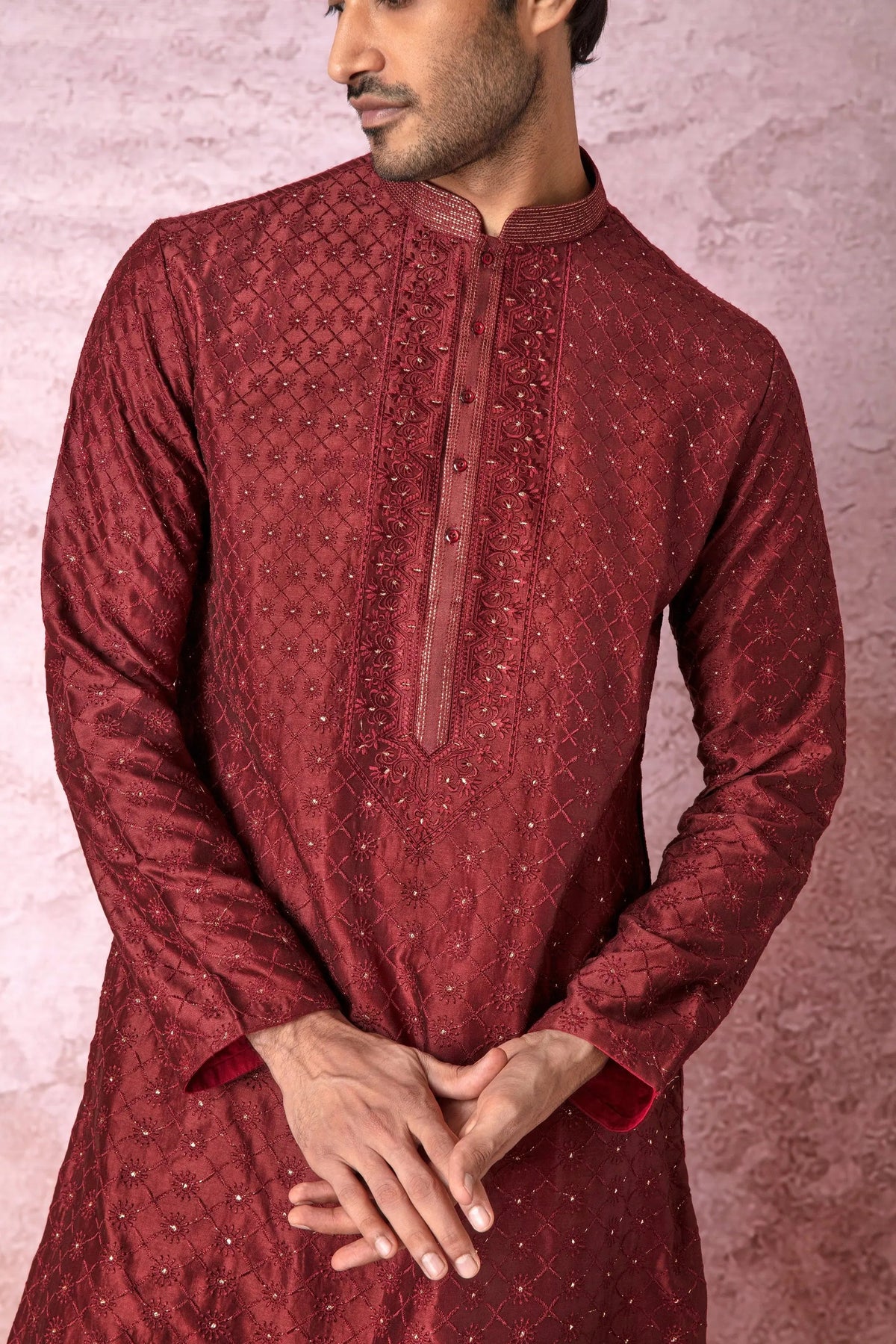 Majestic Maroon: Chanderi Silk Kurta with All Over Resham Embroidery and Lurex - Asuka Couture