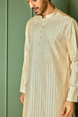 Creamy Delight: Cream Chanderi Silk Kurta with Ivory Resham Embroidery All Over - Asuka Couture