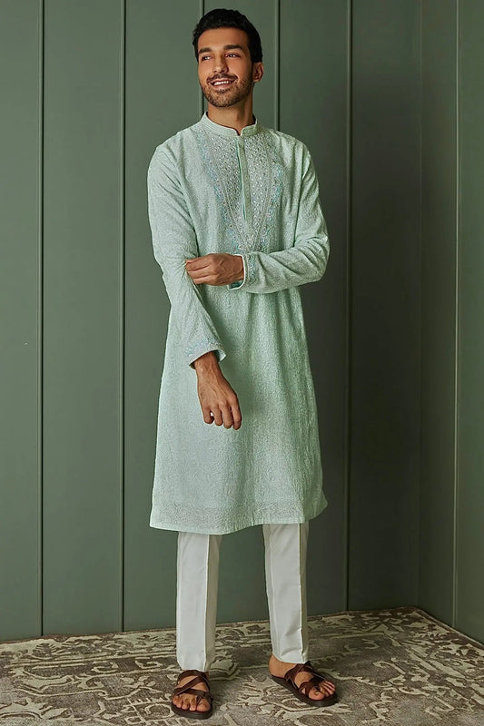 Paisley Perfection: Sky Blue Chanderi Silk Embroidered Kurta - Asuka Couture