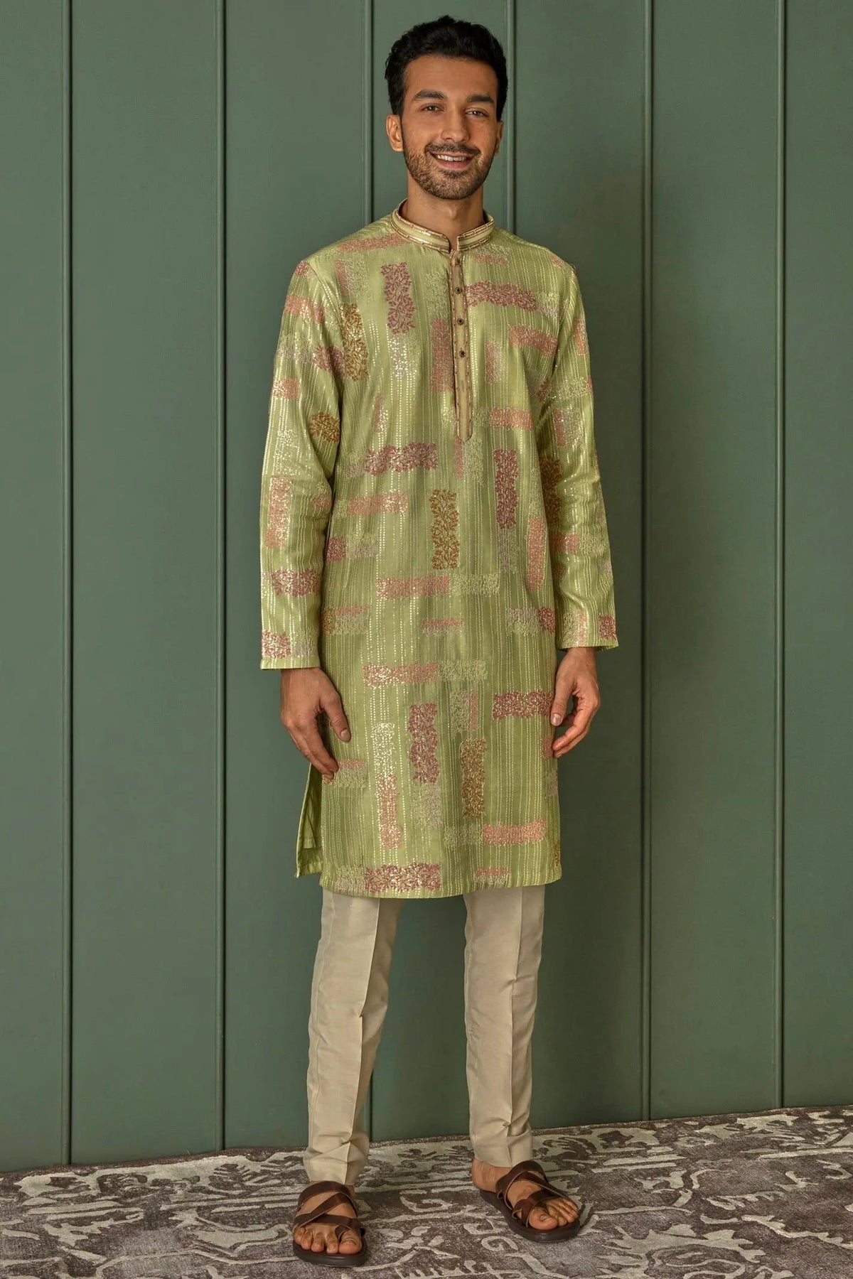 Olive Abstract Sequins Dream Chanderi Silk Kurta - Asuka Couture