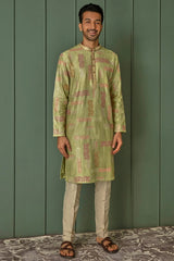 Olive Abstract Sequins Dream Chanderi Silk Kurta - Asuka Couture