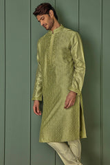 Olive Allure: Olive Green Chanderi Kurta with All Over Resham Motifs - Asuka Couture
