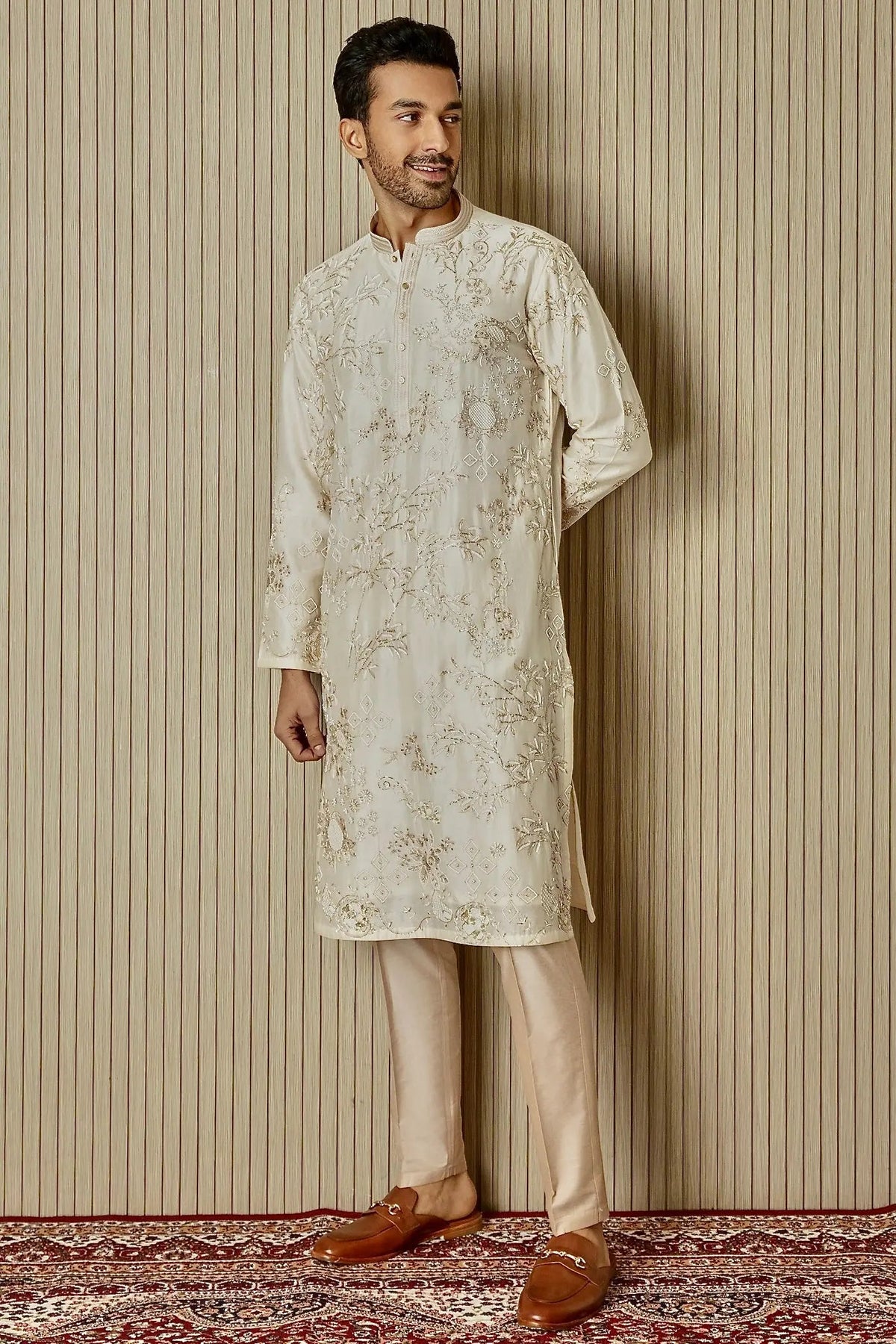 Ivory Opulence: Chanderi Silk Kurta with Sequin, Dabka, Moti, and Resham Embroidery - Asuka Couture