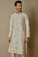 Ivory Opulence: Chanderi Silk Kurta with Sequin, Dabka, Moti, and Resham Embroidery - Asuka Couture