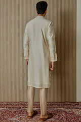 Ivory Opulence: Chanderi Silk Kurta with Sequin, Dabka, Moti, and Resham Embroidery - Asuka Couture