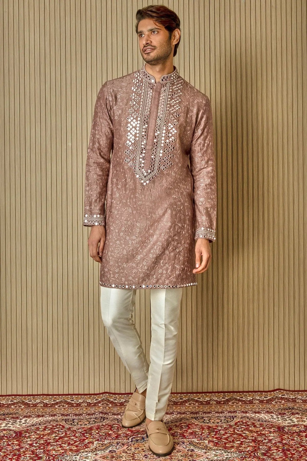 Earthly Opulence: Moti Mirror Resham Brown Silk Kurta - Asuka Couture
