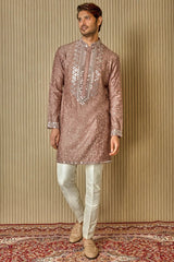 Earthly Opulence: Moti Mirror Resham Brown Silk Kurta - Asuka Couture