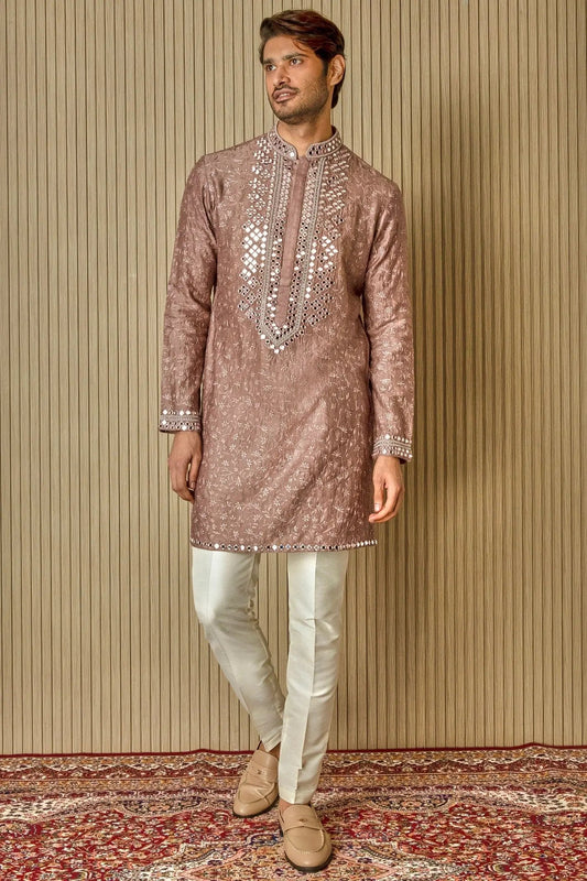 Earthly Opulence: Moti Mirror Resham Brown Silk Kurta - Asuka Couture