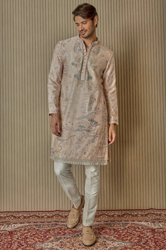 Peach Floral Extravaganza Chanderi Silk Kurta - Asuka Couture