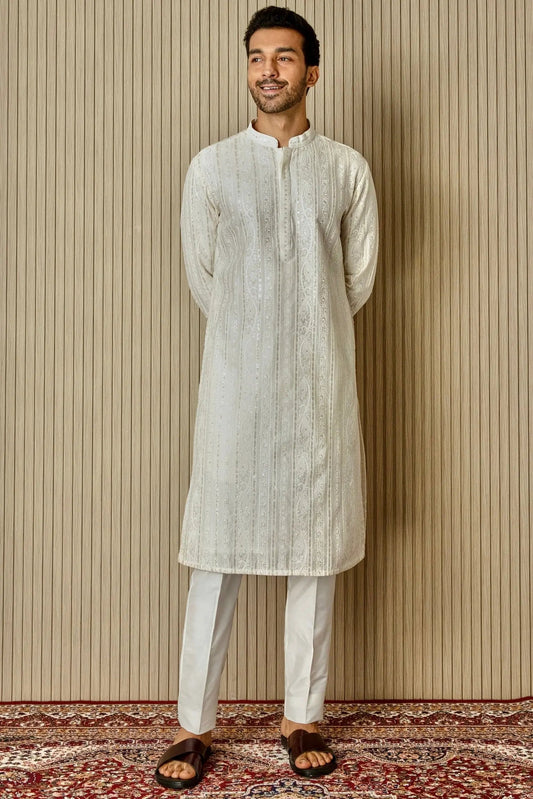 Ivory Geometric Elegance Chanderi Silk Kurta - Asuka Couture