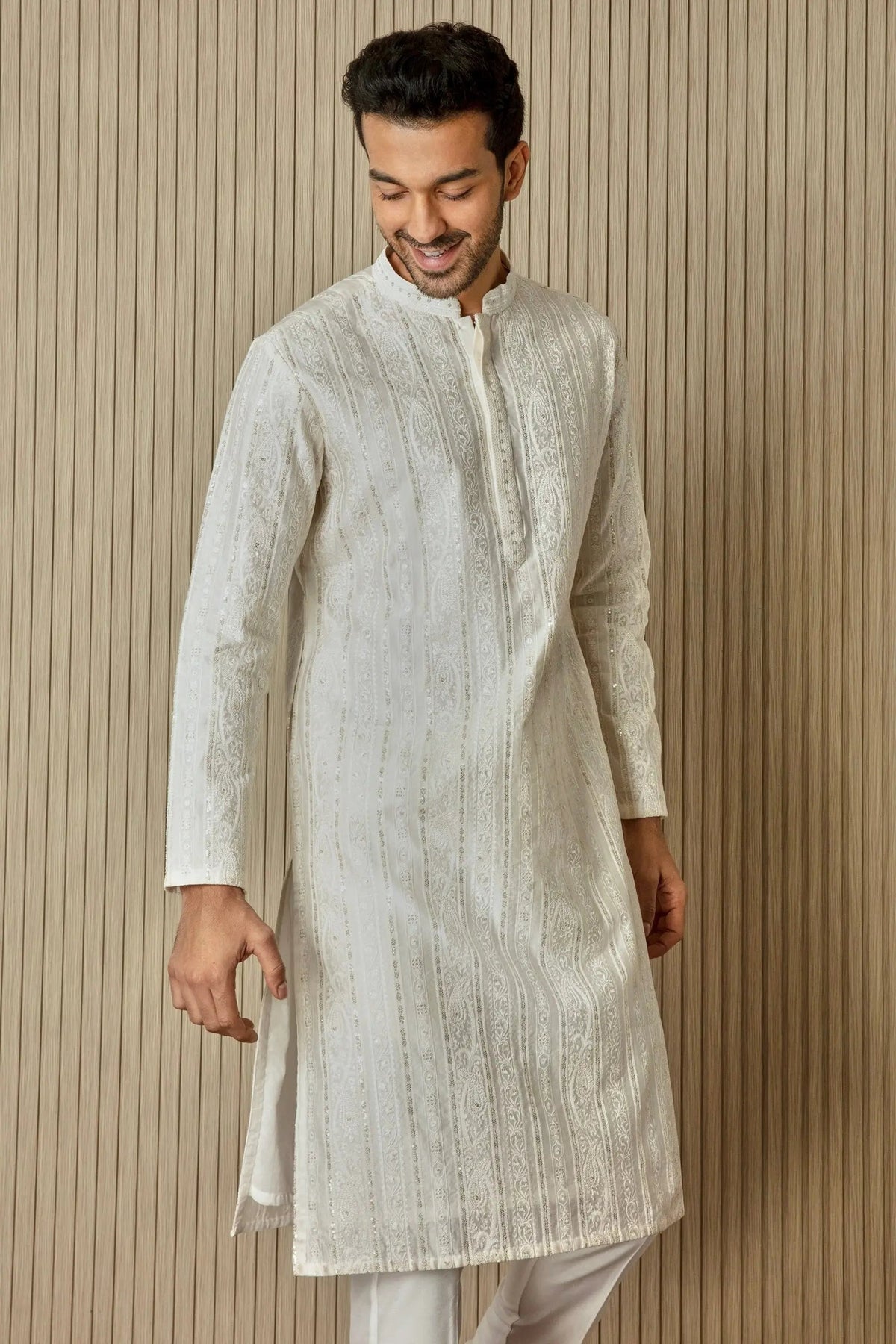 Ivory Geometric Elegance Chanderi Silk Kurta - Asuka Couture