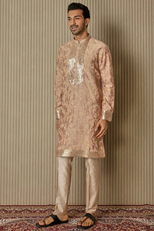 Peachy Radiance: Abstract Floral Sequin Kurta - Asuka Couture