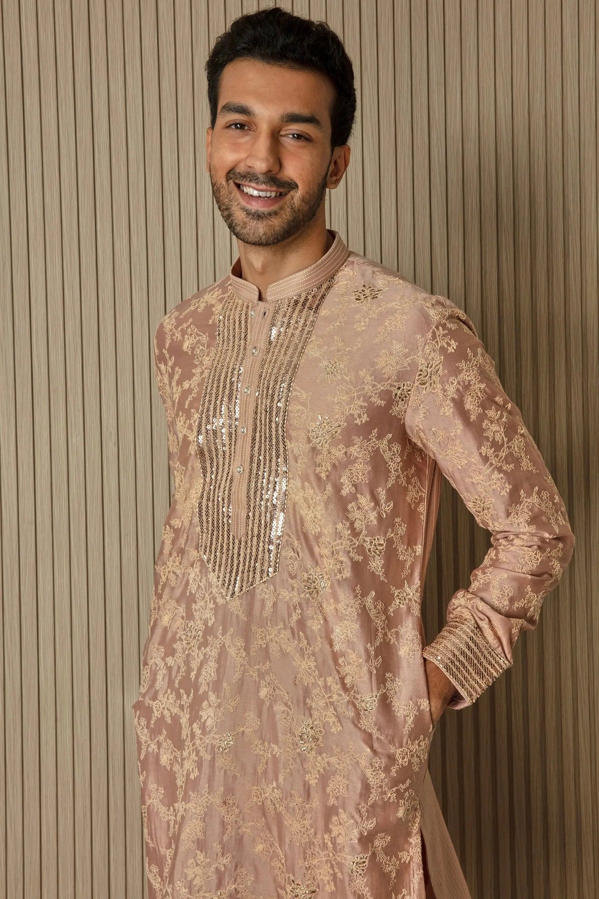Peachy Radiance: Abstract Floral Sequin Kurta - Asuka Couture