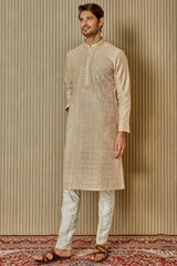 Cream Dream: Tussar Silk Kurta with Resham, Lurex, Zari, and Sequin Embroidery - Asuka Couture