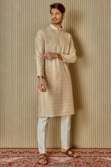 Cream Dream: Tussar Silk Kurta with Resham, Lurex, Zari, and Sequin Embroidery - Asuka Couture