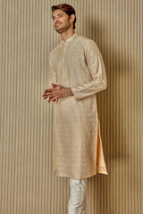 Cream Dream: Tussar Silk Kurta with Resham, Lurex, Zari, and Sequin Embroidery - Asuka Couture