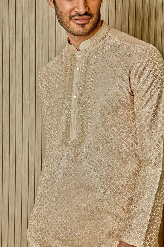 Cream Dream: Tussar Silk Kurta with Resham, Lurex, Zari, and Sequin Embroidery - Asuka Couture