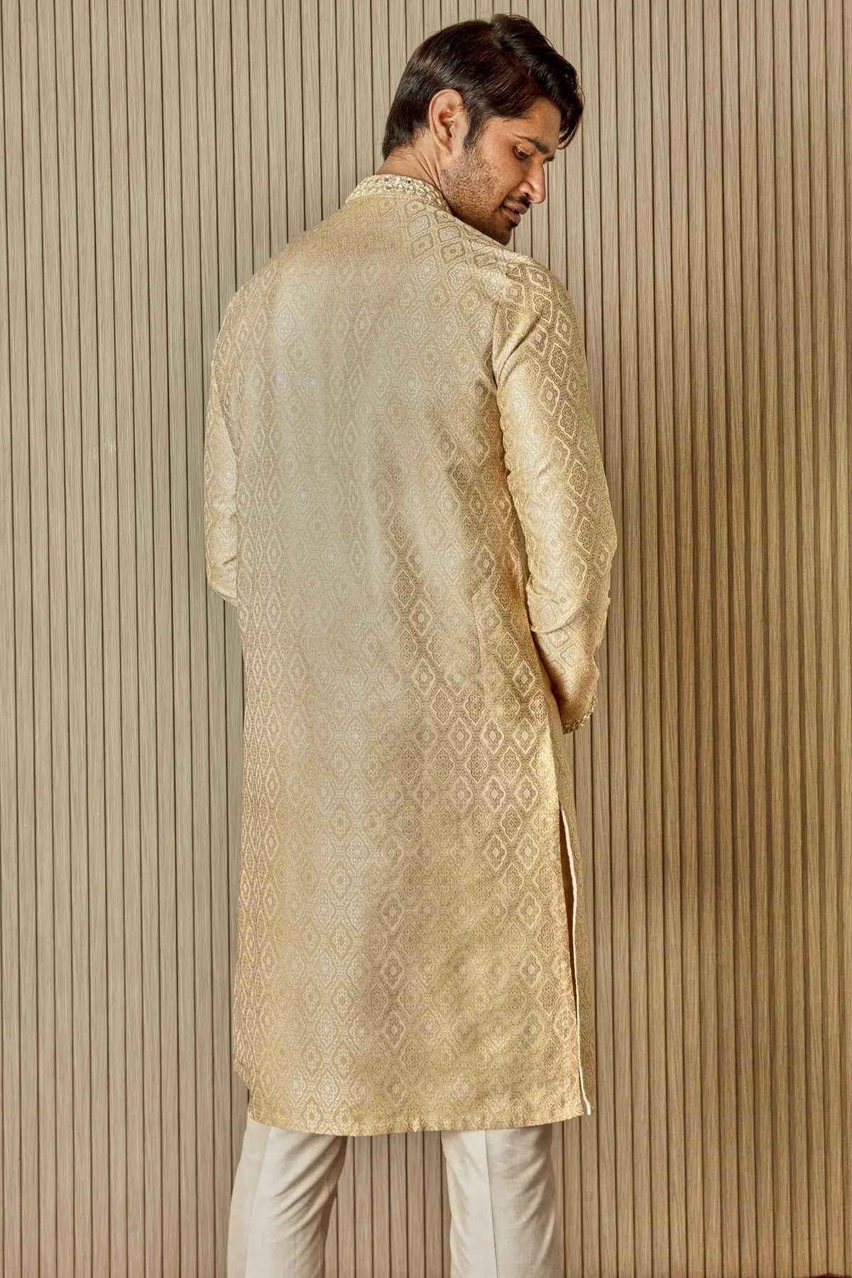 Golden Splendor: Jaquard Silk Kurta with Mirror Work - Asuka Couture