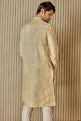 Golden Splendor: Jaquard Silk Kurta with Mirror Work - Asuka Couture