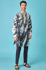 Monochrome Beauty: White and Black Tie-Dye Pure Linen Kurta with Mirror and Dori Embroidery - Asuka Couture