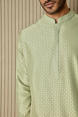 Minty Fresh: Mint Green Embroidery Resham Vertical Abstract Kurta - Asuka Couture