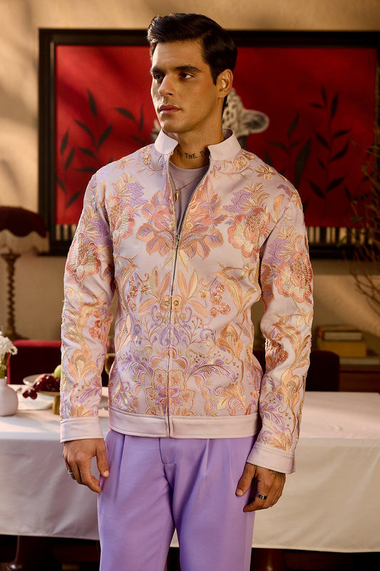 Lilac Bloom Watercolor Print Hand Embroidered Bomber Jacket