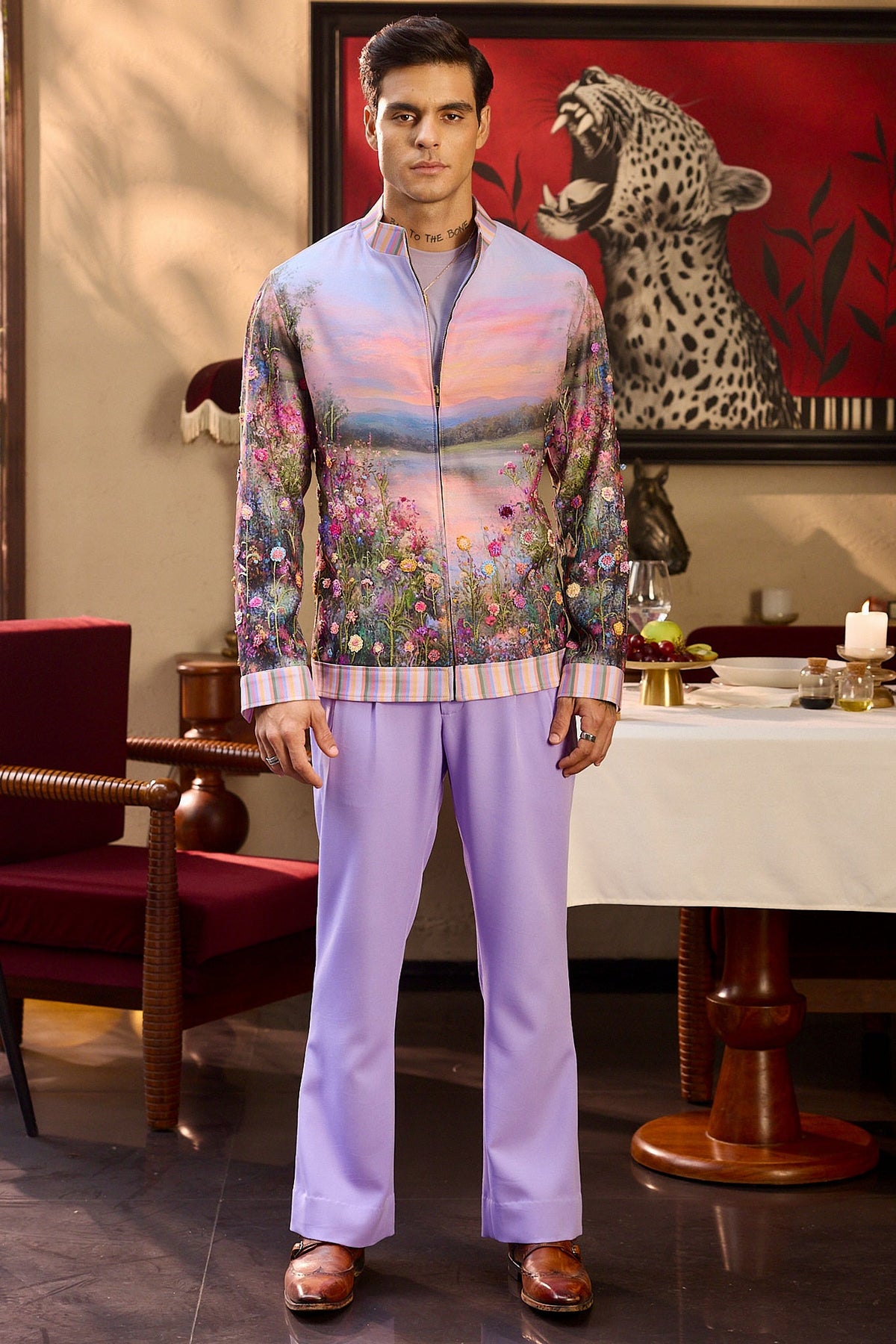 Golden Horizon Print Hand Embroidered Bomber Jacket