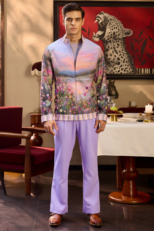 Golden Horizon Print Hand Embroidered Bomber Jacket