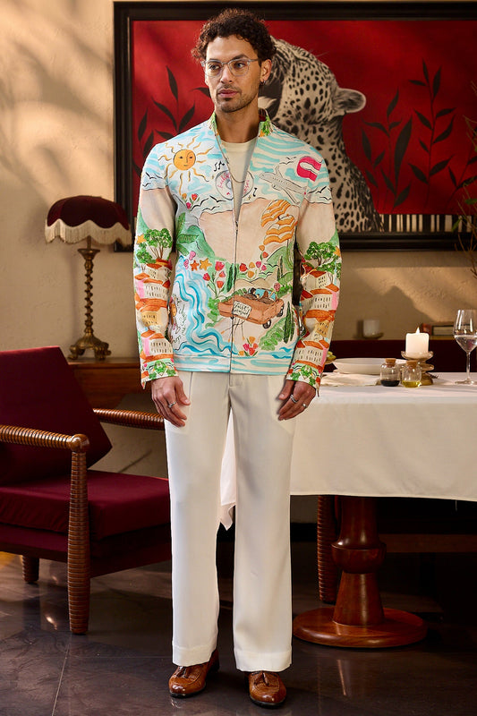Bon Voyage Print Cutdana Embellished Bomber Jacket