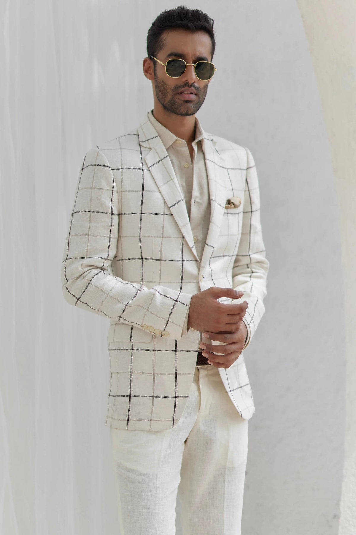 Porcelain White Windowpane Check Blazer Set - Asuka Couture
