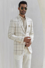 Porcelain White Windowpane Check Blazer Set - Asuka Couture