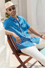 Vivid Blue Cow Boy Embroidered Shirt - Asuka Couture