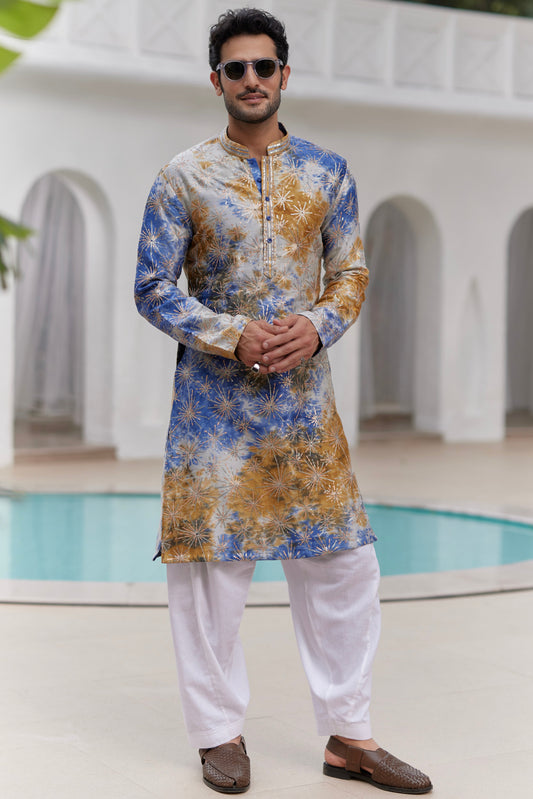 Blue and Mustard Tie-Dye Resham Embroidered Kurta Set