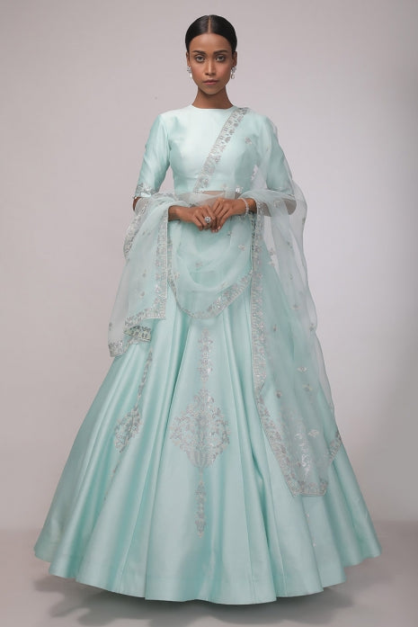 Azure Blossom Mint Chanderi Embellished Lehenga Set